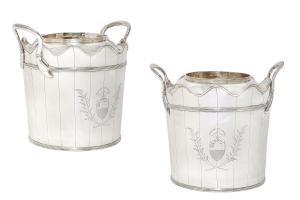 Pair of George III sterling silver wine coolers (London, 1798), 8 inches tall, weighing of 99 oz. troy ($37,500).