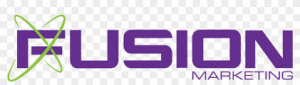 Two green rings are featured around the letter F in the word Fusion. The word Fusion is purple with the with the word marketing in black nested below.