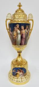 Large Art Nouveau Royal Vienna porcelain rotating covered urn.
