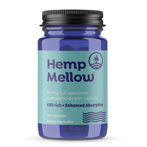 An extra-large bottle of Hemp Mellow capsules with new, more sustainable tin lid