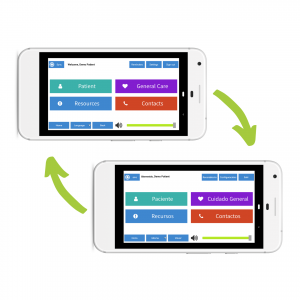 Two views of SpeechMED Solo app's home screen, one with Spanish words and the other with English words.