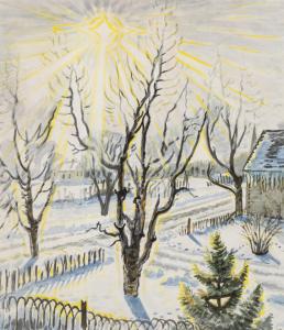 Watercolor on joined two sheets of paper by Charles Burchfield (American, 1893-1967), titled January Sun (1948/57), stamped with C. E. Burchfield Foundation stamp and numbered "62" lower left. Estimate $150,000-$250,000.