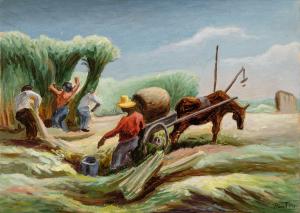 Oil on board painting by Thomas Hart Benton (American, 1889-1975), titled Study for Sugar Cane (1943), signed lower right "Benton," numbered and titled, 8 ¾ inches by 12 inches. Estimate: $200,000-$300,000.