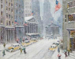 Oil on canvas painting by Guy Carleton Wiggins (American, 1883-1962), titled A View of Broad Street, The New York Stock Exchange, and the Treasury Building in the Distance, signed lower right "Guy Wiggins”. Estimate $100,000-$150,000.
