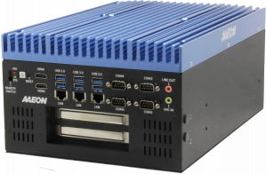 Image shows the front and left side of the BOXER-6840-CFL at a slight angle, showing the I/O ports including USB3.2, LAN, COM, and HDMI, as well as the two expansion slot backplates.
