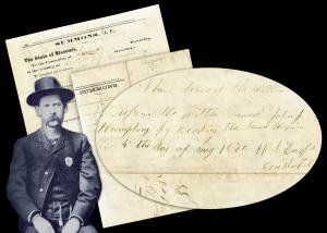 A summons personally endorsed by Wyatt Earp, then 21 years old and on his first job in law enforcement, as constable of Lamar, Missouri (estimate: $30,000-$35,000).