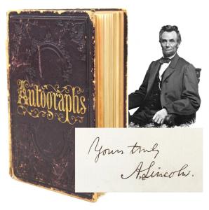 Autograph album compiled by a correspondent of Treasury Secretary Salmon P. Chase, containing 180 signatures of Lincoln administration officials and members of the U.S. Congress, including President Lincoln (estimate: $20,000-$40,000).