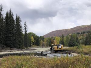 Excavator equipment working on Hallam Lake surrounded by evergreen trees and foothills on a gloomy day