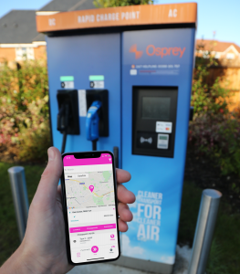 Paua electric fuel card app being used on Osprey rapid electric vehicle chargepoint