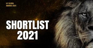 A black, white and gold image of a lion with an overlay of text announcing 'Shortlist 2021' with the official IoT Global Awards logo.