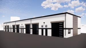 A 3D rendering of a white building with black trim