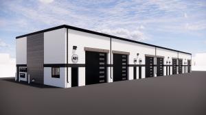 A 3D rendering of a white building with black trim