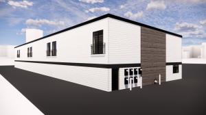 A 3D rendering of a white building with black trim