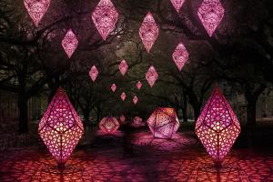 Rendering of an art installation by HYBYCOZO at Discovery Green shown at night.
