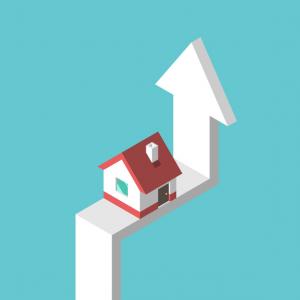 Isometric house on arrow on turquoise blue