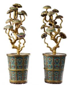 Pair of Imperial cloisonné and enamel lingzhi fungus jardinieres showing the raised Qianlong mark, with lids that are removable (estimate: $10,000-$15,000).