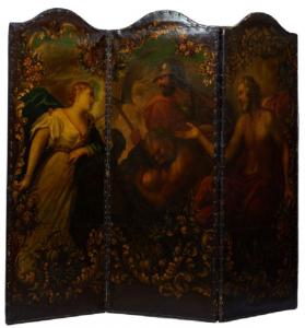 18th/19th century Continental three-panel, hand-painted leather screen, 84 inches tall by 96 inches wide (estimate: $2,000-$4,000).