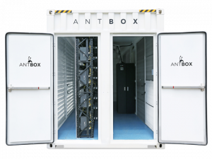outside view of Bitmain Antbox N5 V2 with front doors open to view inside components