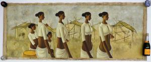 Painting by B. Prabha (India, 1933-2001), titled Indian Women Painting, of six Indian women walking, 30 ½ inches by 77 ½ inches (estimate: 15,000-$20,000).