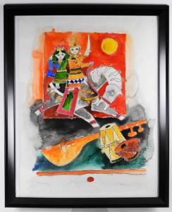 Cubist figural watercolor painting by Maqbool Fida Husain (India, 1915-2011), of a man and a woman on a white horse (estimate: $10,000-$15,000).