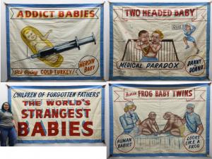 Lot 3, by Florida artist Jay Sigler, consists of four circus sideshow banners that will be sold as one lot (estimate: $2,000-$3,000). One is signed lower right.