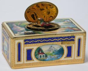 19th century Swiss (or Austrian) enameled automaton music box, the interior having a Viennese movement and red feathered bird that chirps (estimate: $2,000-$3,000).