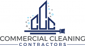 three long trapezoids with a dark blue outline standing next to each other, with a tall one in the middle, shorter ones on either side, a line drawing of a broom horizontal beneath the trapezoids, a horizontal line under the broom, the words commercial cl