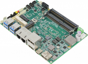 Image shows an above angled view of the GENE-TGU6 with the I/O ports visible, including four USB 3.2 Gen 2 ports, two LAN ports, one of which is the 2.5 Gigabit per second port, and two display outputs. The two expansion slots as well as the dual memory m