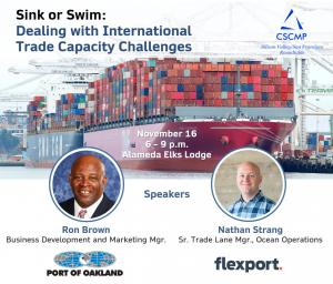 Full Container Ship working at dock with speaker photos for Ron Brown of Port of Oakland and Nathan Strang of Flexport speaking on the challenges of international trade capacity in 2021