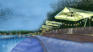 Bright, colorful and detailed of waterfront walkway. There seating with overhang of trees and individual umbrellas with string lights connecting to each. there are lights and land in the distance beyond the water..