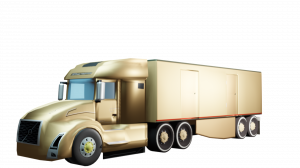 Shimmering gold 3D model of a tractor trailer truck to be used in animation of Ferry Godmother Media 3D dating video game project