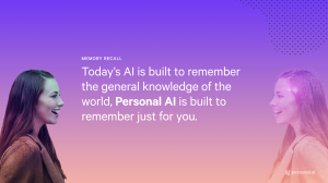 Woman looking at herself through an AI lens with Personal.AI logo in the center