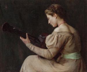 Oil on canvas by Susan Watkins (American, 1875-1913), titled Woman Playing a Guitar (1901), signed and dated upper left, 25 inches by 30 inches ($106,250).