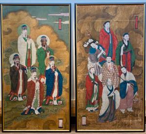 Pair of Chinese painted panels, each painted in ink and color on silk with immortals, 60 inches by 32 inches ($7,380).