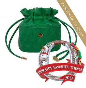 The Emerald Ultra Jewelry Bag with decorative Oprah Holiday logo on bottom right and banner in upper-right corner stating "available for pre-order"