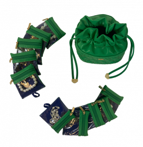 The Emerald Ultra Jewelry Bag with Ten Pouches - top (birds' eye view) with ten pouches and emerald jewelry case displayed