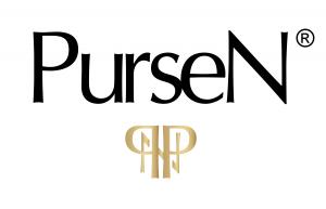 PurseN Logo with PurseN text above in black and P and N letters linked togeter below in reflective gold