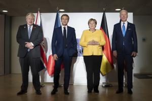 Prime Minister Johnson, President Macron,  Chancellor Merkel, and President Biden