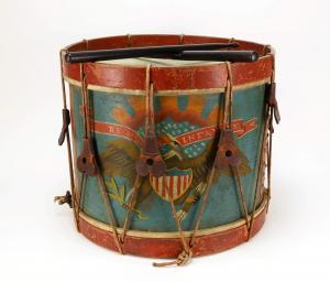 Circa 1864 Civil War regulation painted rope tension drum, with the original rope and nine original leather ears, plus a pair of sticks (estimate: $2,000-$3,000).