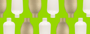 Image of white and brown bottles with a green background