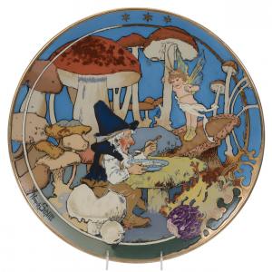 Massive charger, marked Mettlach (#2697), 17 ½ inches in diameter, with an incredible fantasy scene, signed Heinrich Schlitt.