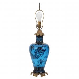 Unmarked, outstanding quality Steuben art glass lamp in a Dragon pattern, 26 ½ inches tall, mirror black over celeste blue and acid etched.