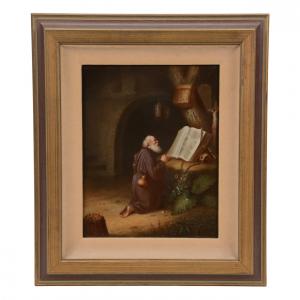 Framed porcelain plaque marked KPM, titled Eremit (“Hermit”), with a note indicating the work is artist signed by Ed Baedschneider.