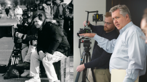 Two side by side images of Vern Oakley and a camera operator. On the left, a black and white film photo shows Oakley directing his feature film, A Modern Affair. On the right, Oakley directs someone and stands in front of a digital camera.