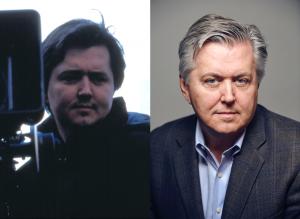 Side by side images of Vern Oakley. On the left is a film still of young Oakley directing next to a large film camera. On the right, a stern and crisp professional headshot of Oakley wearing a buttondown shirt, who is now in his 60's.