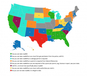 The Roadkill Art app has divided the US state roadkill regulations into 8 categories.