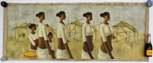 Painting by B. Prabha (India, 1933-2001), titled Indian Women Painting, 30 ½ inches by 77 ½ inches ($38,750).