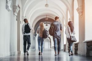 Multiracial students are walking in university hall during break and communicating