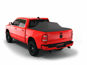 red 2020 2021 2022 2023 2024 Dodge Ram 1500 5' 7" bed with loaded and expanded sawtooth stretch pickup truck bed cover tonneau cover