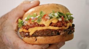 A close-up of the tasty new Chorizo Cheeseburger by Chef Rick Bayless.